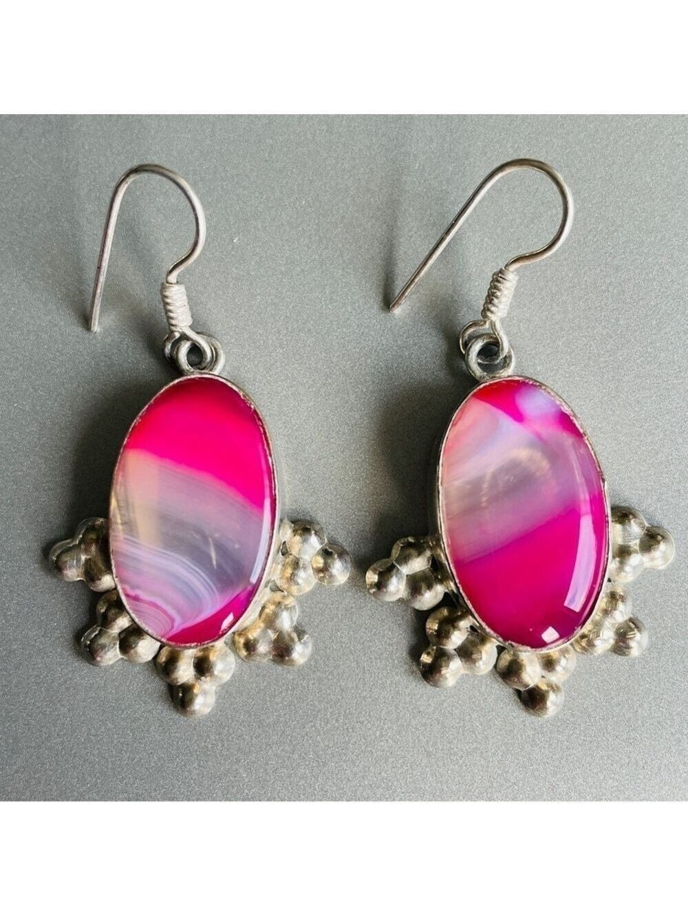 Natural Pink Lace Agate Sterling Silver Large Dangle Hook Earrings
